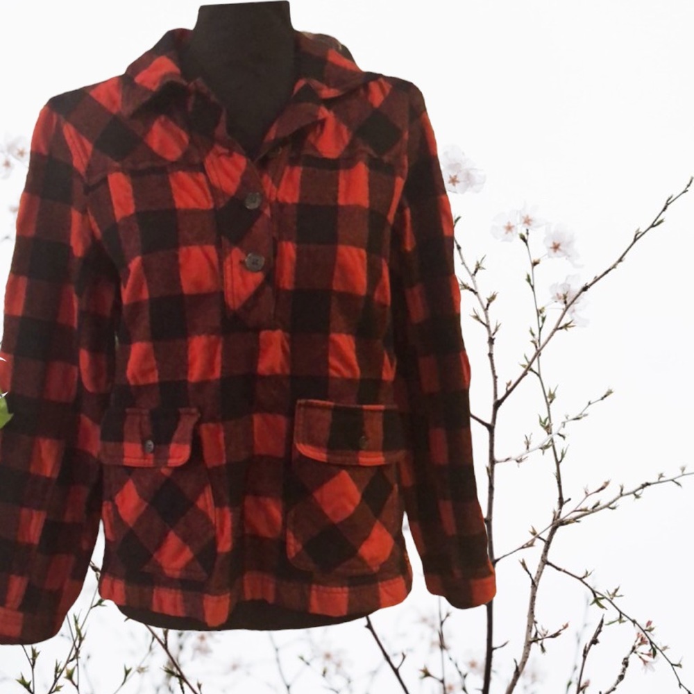 J. CREW BUFFALO PLAID WOOL BLEND POPOVER TOP BLACK RED SIZE SMALL